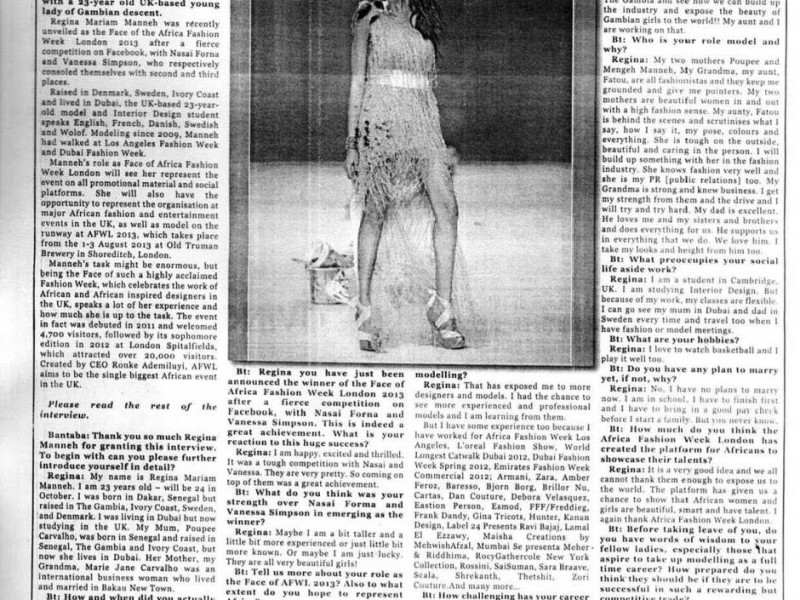 Face of Africa Fashion Week London 2013 Regina Manneh Featured in The Gambia’s Daily Observer